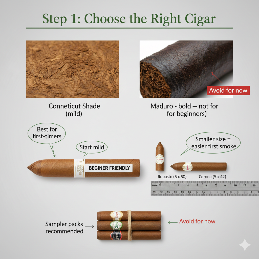 choosing a cigar beginner guide showing different cigar types and sizes