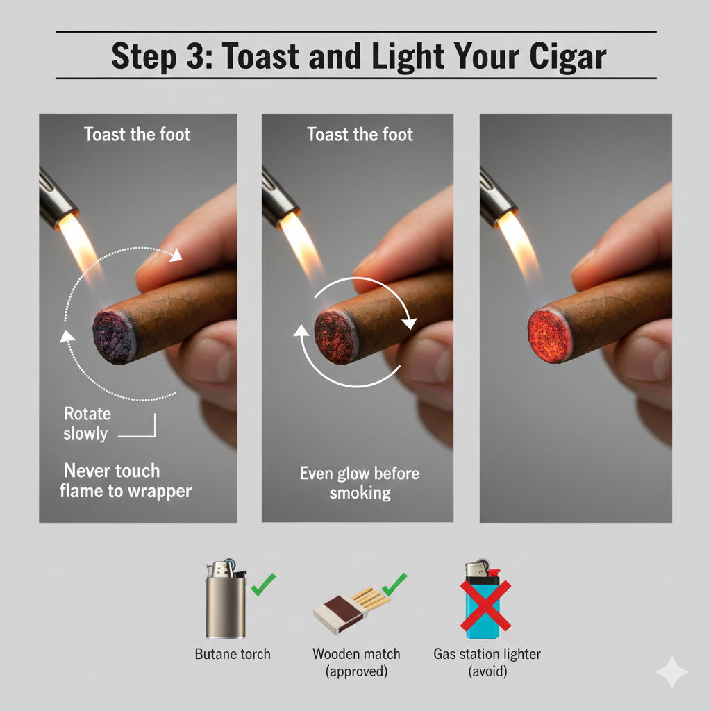 toasting and lighting a cigar with flame preparation technique
