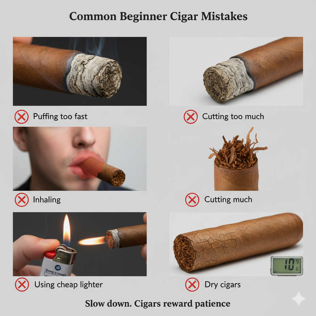 common beginner cigar mistakes infographic showing incorrect smoking habits